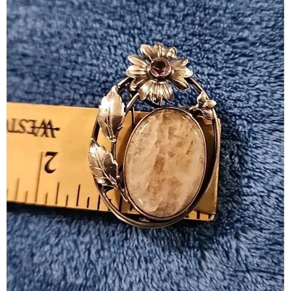 Vintage Sterling Silver Rutilated Quartz‎ Amethyst Flower Brooch Pin Floral 1.5